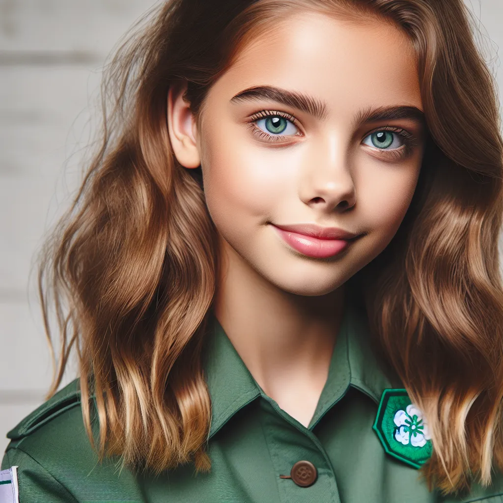 Description: An image of a young girl around 6 years old, standing confidently with a small smile on her face, wearing a green Girl Scout uniform. She has wavy blonde hair and striking green eyes.