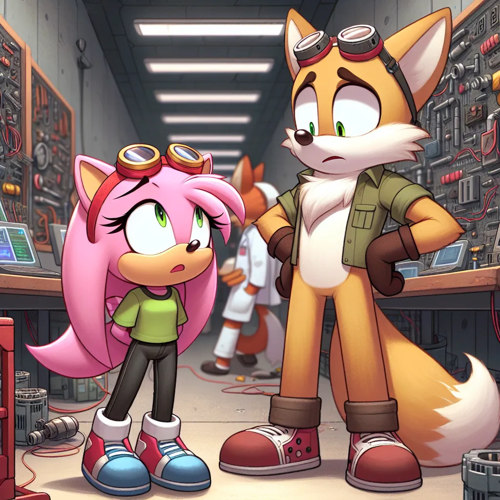Description: A pink anthropomorphic hedgehog wearing a green shirt, red headband, and blue shoes with orange laces stands in a hallway, looking flustered. Her orange skirt is missing, leaving her in blue-waistbanded white panties. She seeks help from a fox wearing oversized goggles in a cluttered workshop.