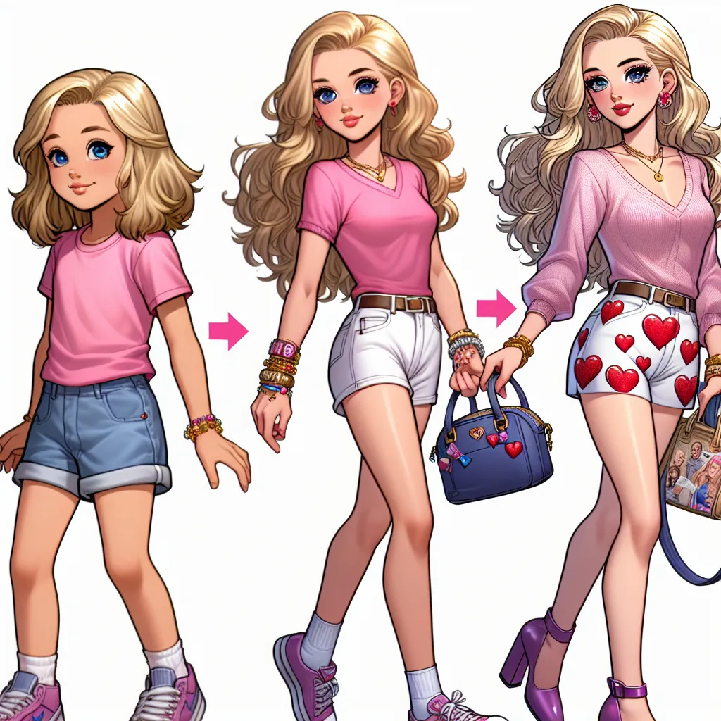 The image accompanying this story shows a young girl named Tyler, who has transformed into a young adult female named Amber. Amber is dressed in a pink crop top, white shorts with red hearts, and purple flip-flops. She is holding a small blue leather purse and wearing a gold bracelet with charms. Her hair is long, blonde, and wavy, and she has blue eyes. She is standing confidently with a slight smirk on her face.