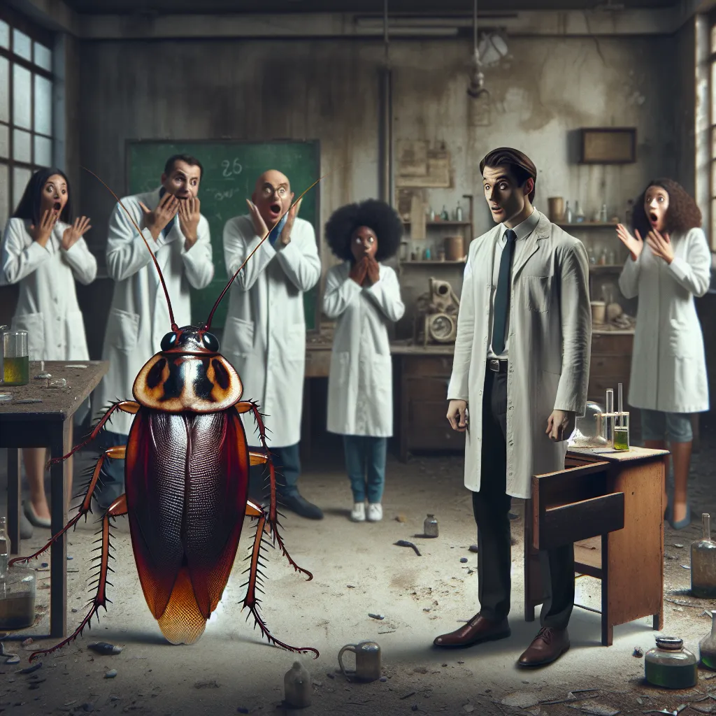 A transformed man, once a cockroach, stands in a forgotten laboratory as scientists stare in astonishment.