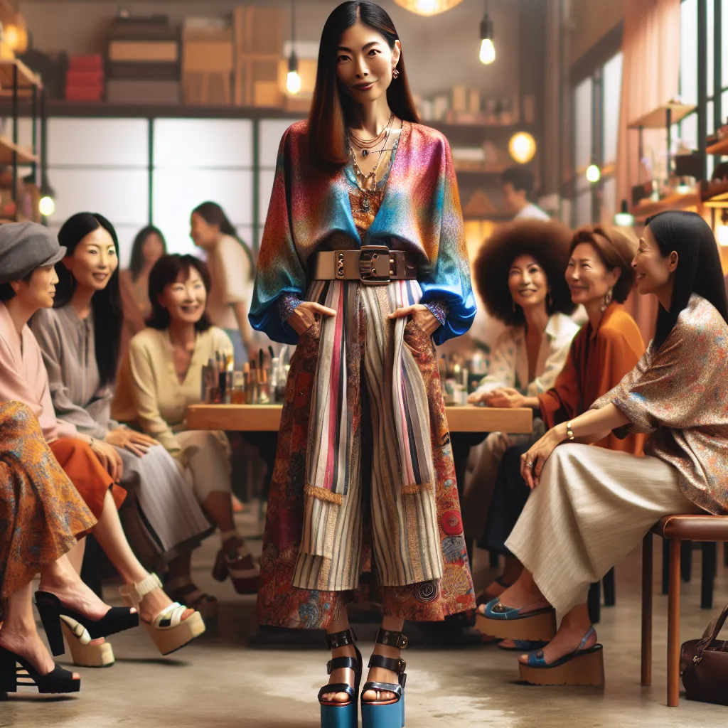 Image of a Korean woman named Mi-young, dressed in a colorful blouse and skirt, standing confidently in a bustling salon surrounded by her diverse group of women friends. She is wearing platform sandals and adorned with multiple pieces of jewelry, her eyes twinkling with wisdom and laughter. The salon is filled with warmth and camaraderie as they share stories and laughter, embodying resilience and acceptance in the face of unexpected change.