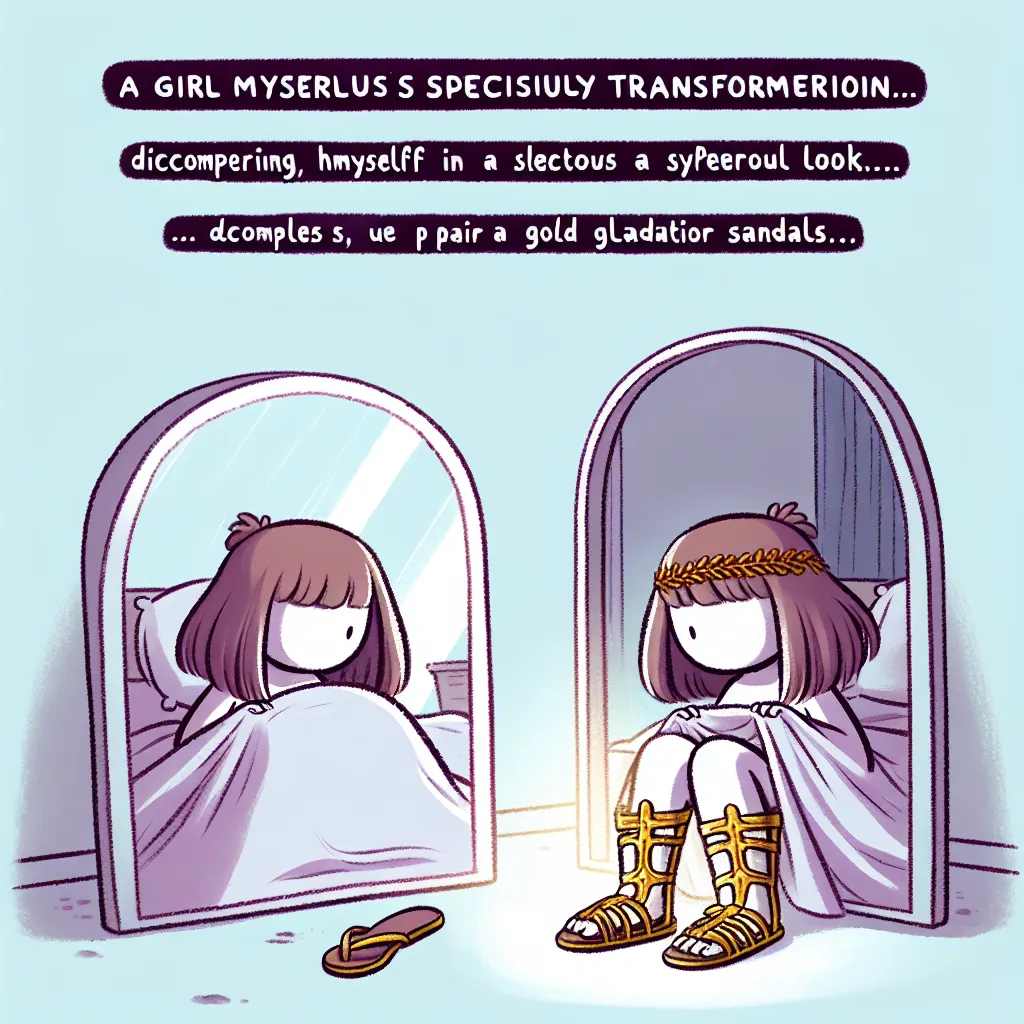 A girl named Jessica Carter completes a mysterious transformation during a sleepover, finding herself in a new body and wearing a pair of gold gladiator sandals. She embraces her new identity and faces each day with confidence and grace.