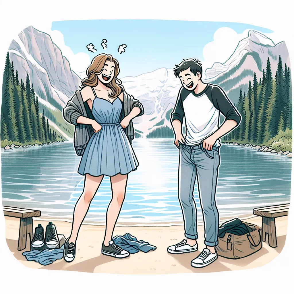 An image of two friends, one transformed into the spitting image of the other's mom, standing by a lake, one of them adjusting a revealing bikini and laughing mischievously while the other looks both uncomfortable and amused.
