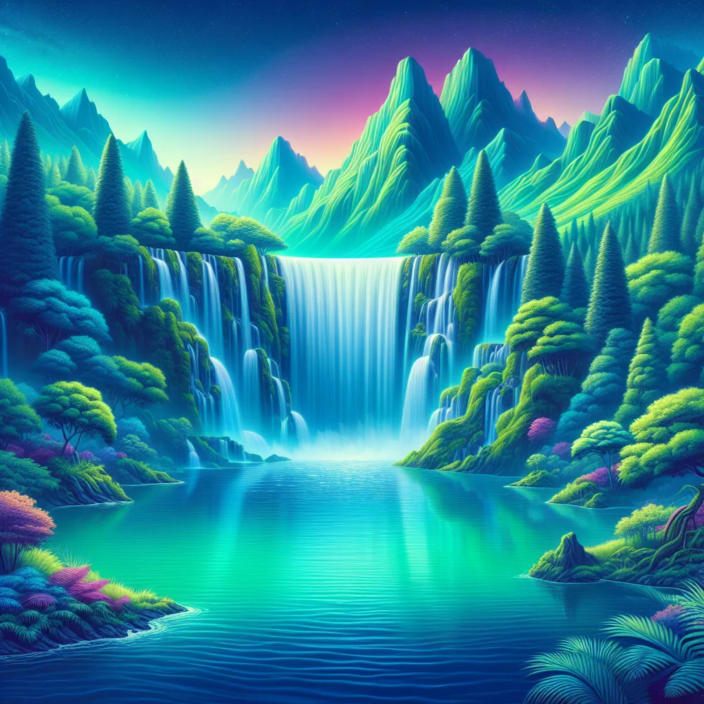 A vibrant and surreal landscape featuring a majestic waterfall flowing into a serene turquoise pool surrounded by lush green vegetation and towering mountains in the distance.