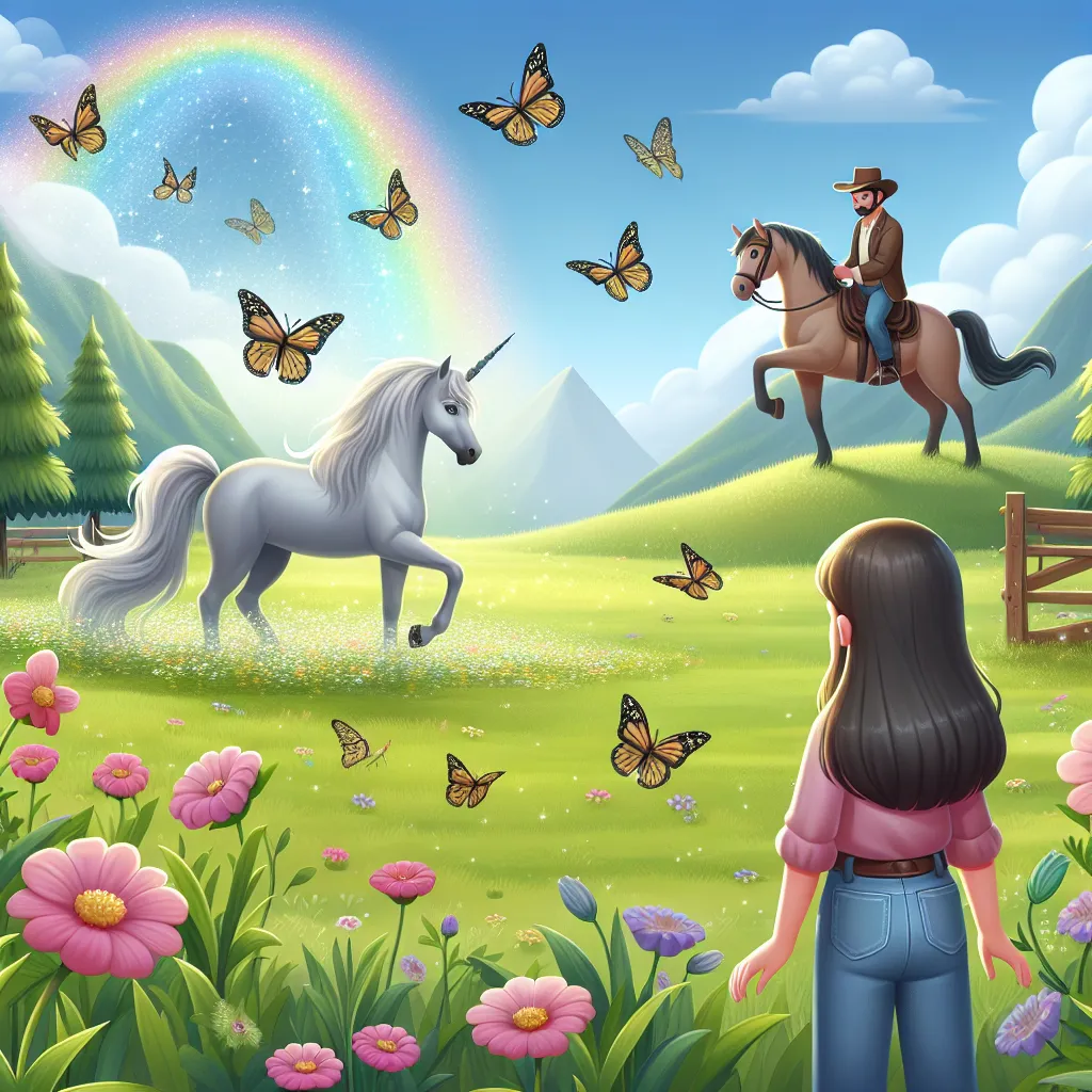 In a serene meadow, a girl undergoes a painful transformation, sprouting wings and a horn, and is saddled and ridden by a relentless cowboy against her will.