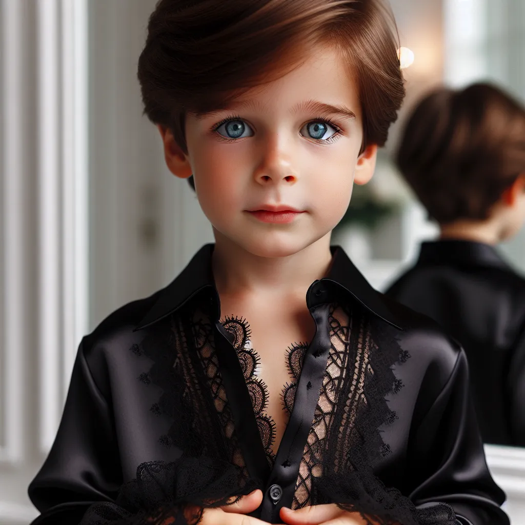 The generated image will feature a six-year-old boy with tousled brown hair, bright blue eyes, and wearing a black silk dress with lace trim, standing nervously in front of a mirror.