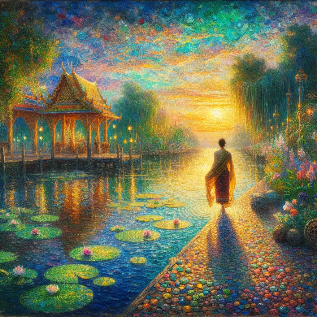 Transformation, Thai, Adventure, Identity, Acceptance. in the style of Monet