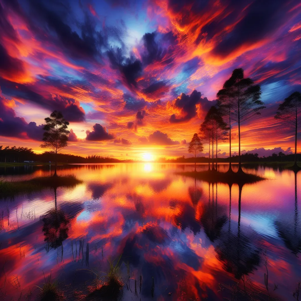 A beautiful sunset over a serene lake, with vibrant colors reflecting in the water.