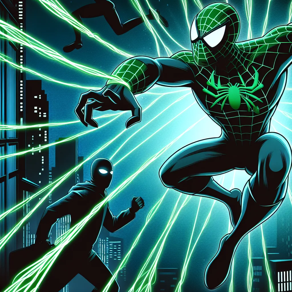 An image depicting Alejandro Santos, also known as Torpedo, swinging through the city on neon green webs, black silhouette of Black Cat in the background, as they team up to apprehend an imposter dressed as Torpedo.