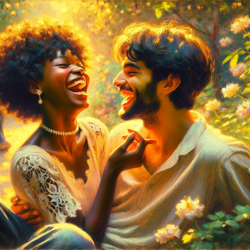 Laughter, Playful, Connection, Anticipation, Kiss in the style of Monet