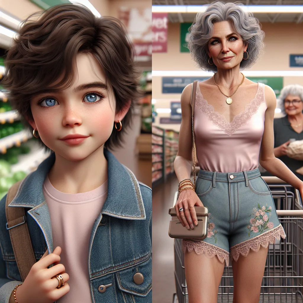 The image accompanying this story would feature a depiction of a seven-year-old boy named Tommy standing inside a grocery store. He has short, messy brown hair, bright blue eyes, and a pale complexion. Tommy is wearing jeans and a t-shirt. Nearby, an older woman named Helen, about 70 years old, is guiding him through the aisles. Helen has silver, curly hair, hazel eyes, and is wearing high-waisted shorts with a floral pattern, a pastel pink tank-top with lace trimmings, and beige old lady sandal