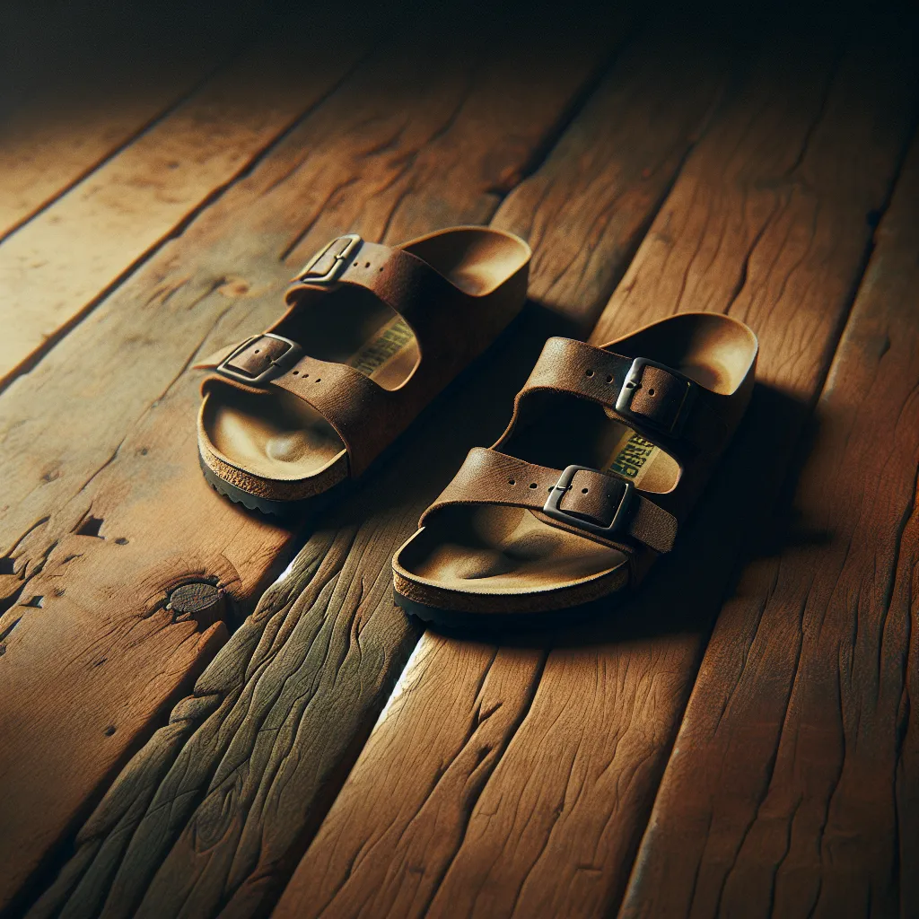 A transformative tale of a young boy named Jacob who mysteriously disappears, leaving his mother Emily to grapple with grief and memory. As the years pass, Emily transforms into an adult woman, holding onto the memory of her lost son and finding solace in a pair of worn Birkenstock sandals. The image could depict a pair of well-worn Birkenstock sandals resting on a wooden floor, symbolizing the enduring mystery and love woven into the story.