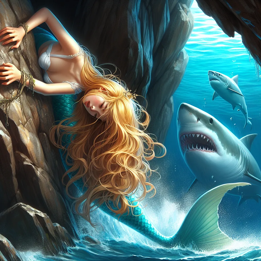 A young mermaid named Hannah struggles to free herself from a rocky crevasse, her golden hair tangled and her tail trapped, while a looming white shark adds to the danger.