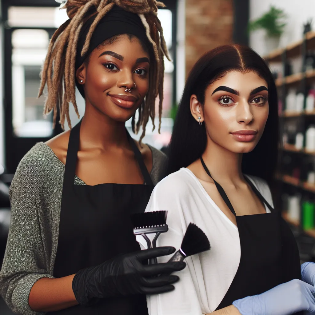 A female salon owner named Lila Johnson, a proud African American woman, stands in her salon with her colleague, Moira Wilson. They wear short blouses and skirts, and platform sandals. Lila has dreadlocks while Moira has straight, black hair. They are cleaning and tidying up the salon.