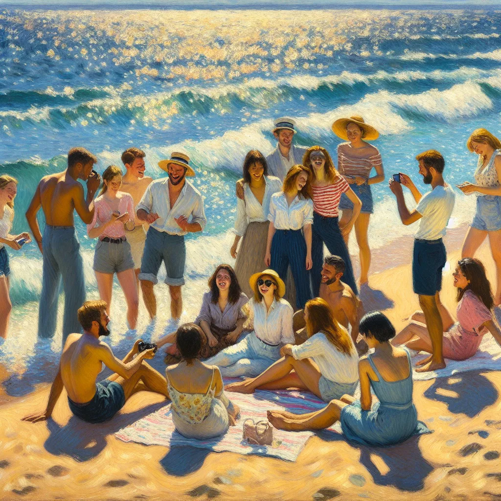 Beach, Transformation, Photoshoot, Social Media, Friendship in the style of Monet