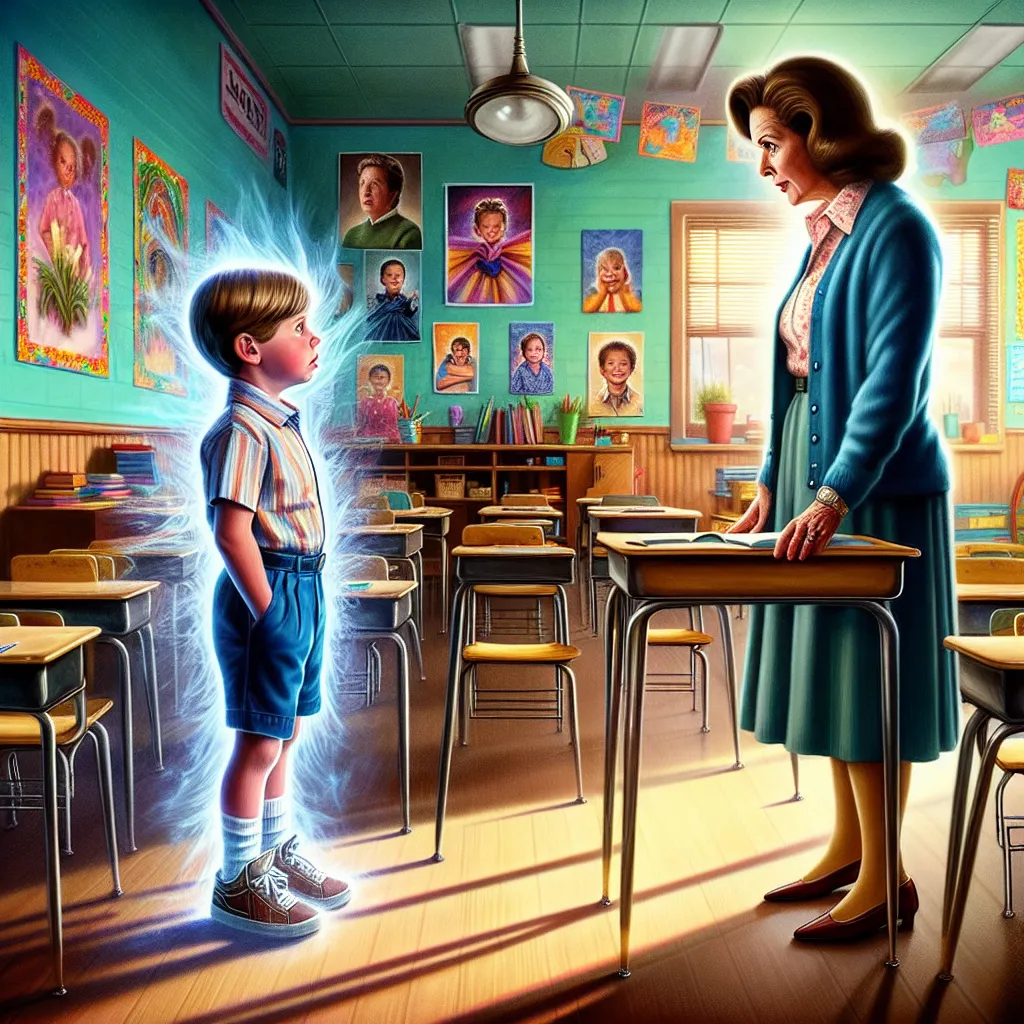 This story follows Owen Slater, a four-year-old boy who mysteriously swaps bodies with his teacher, Mrs. Lewis. The concise description for the image could focus on the pivotal moment of the swap, perhaps showing a translucent Owen looking at his transformed adult self in the classroom mirror, capturing the emotional intensity and confusion of the moment.
