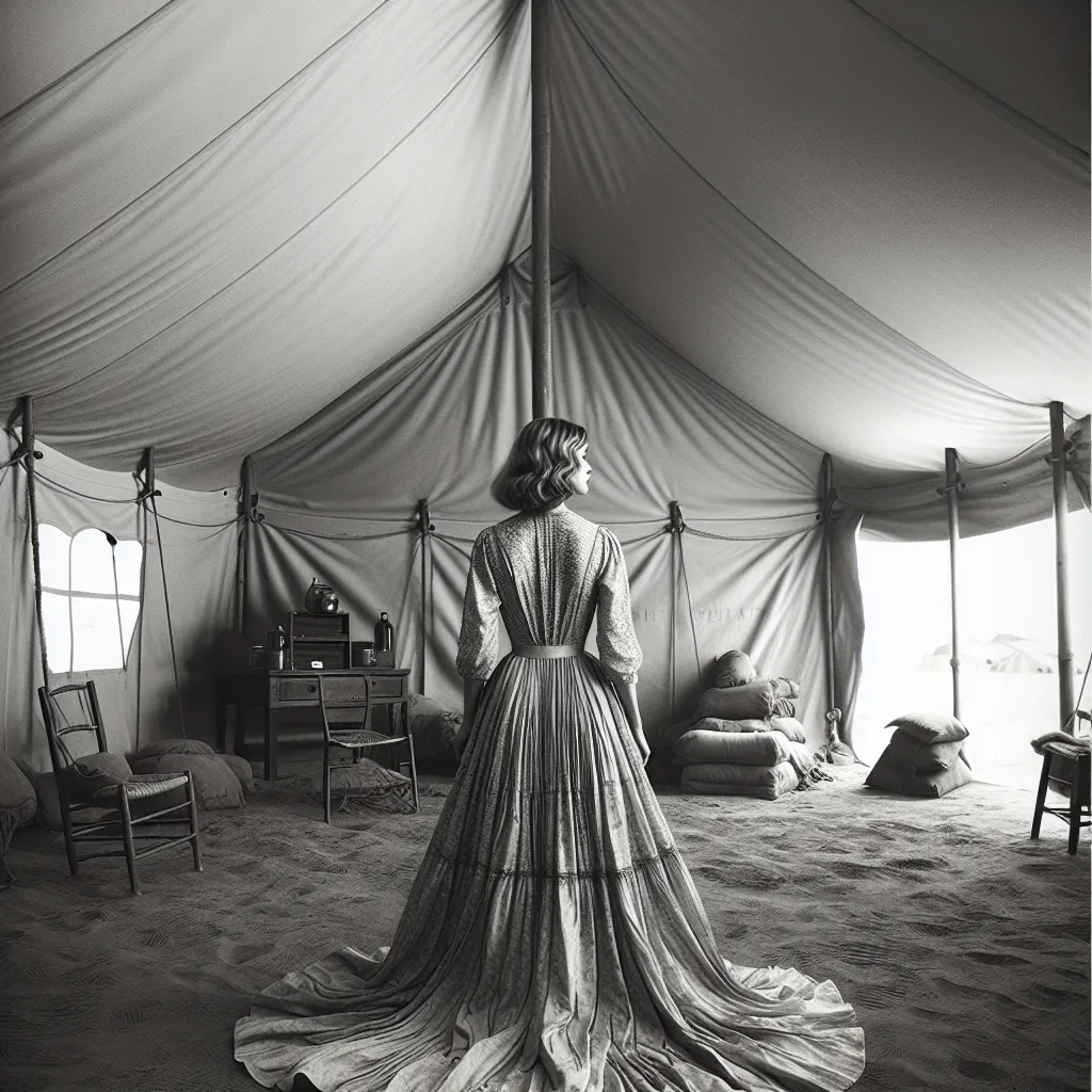 A person dressed in a feminine outfit, consisting of lacy white panties, a short skirt, and a cropped top, stands alone in a tent, embracing their true identity in a world dominated by war.