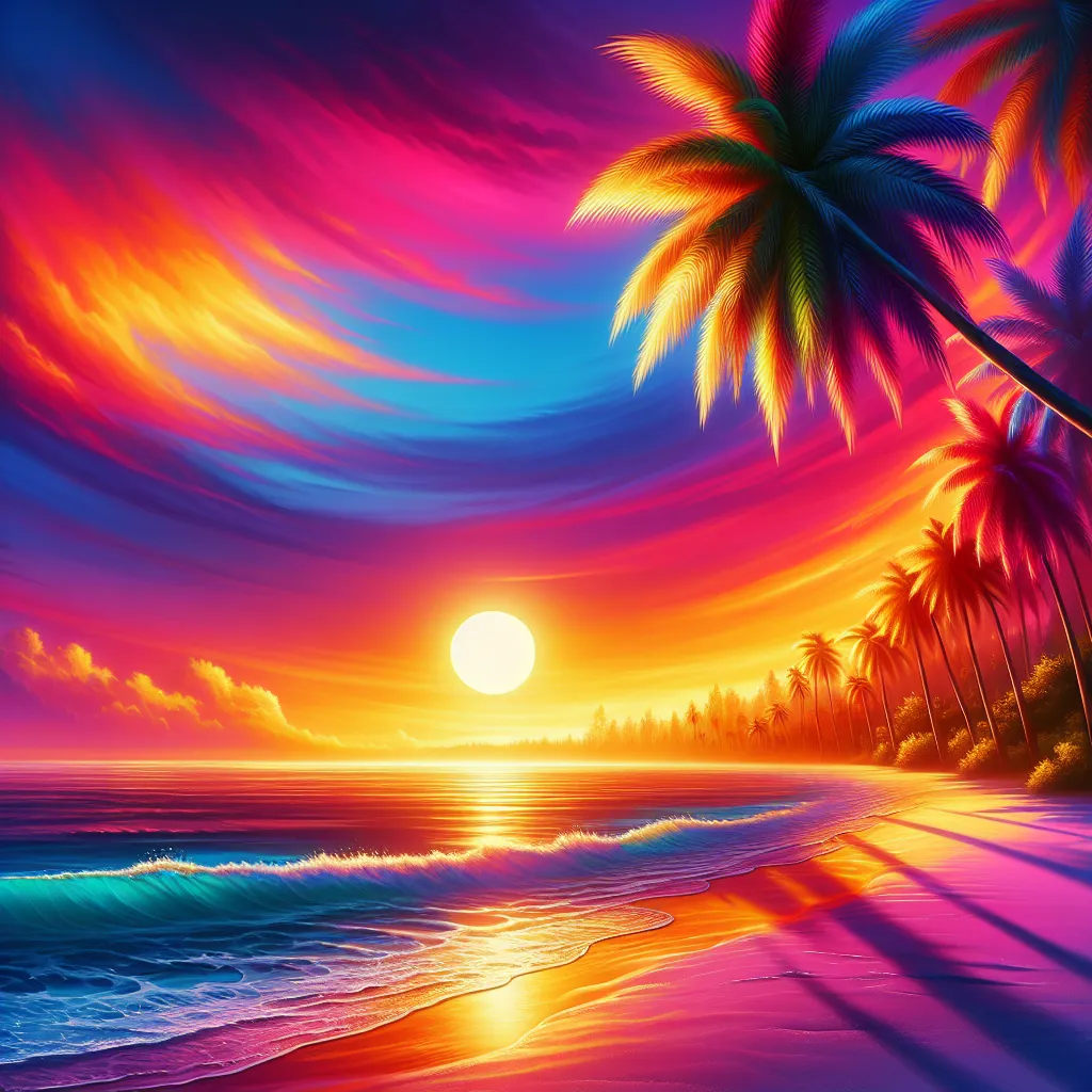 A vibrant sunset over a serene beach with palm trees, casting a warm glow on the tranquil ocean waves.