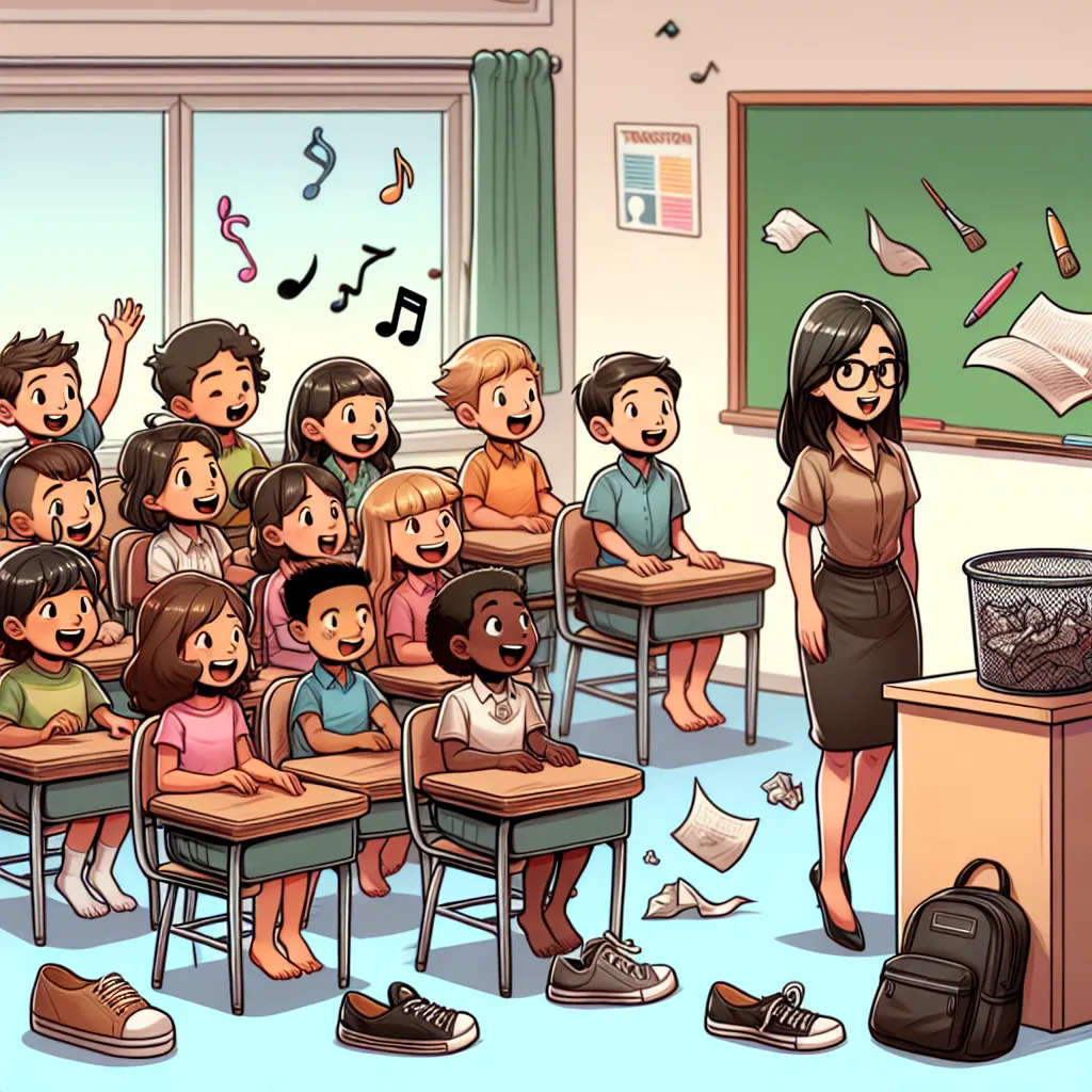 The image accompanying this story could depict a classroom setting with a diverse group of young students, their teacher, and an empty desk at the front. It could show the students engaged in various activities, such as singing, playing, or listening attentively. The image could also include elements that represent the transformation that occurs in the story, such as a pair of flip flops or a paper wad being tossed into a recycle bin.