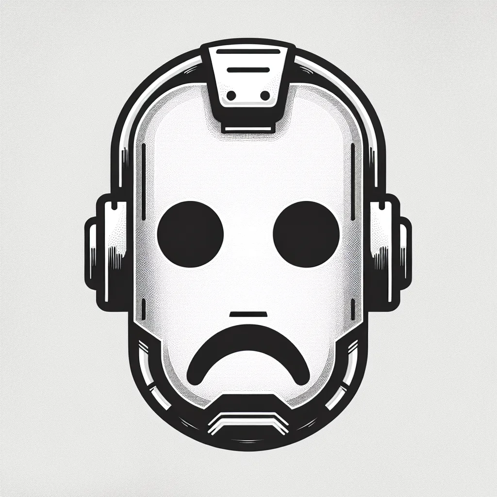 A black and white illustration of a robot face expressing a sense of digital disappointment.