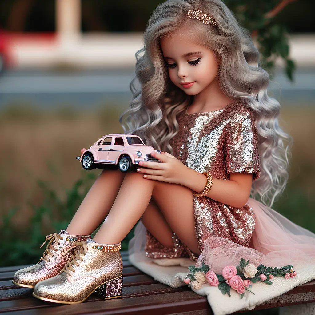 An image depicting a young girl sitting on a bed, holding a toy car in one hand, and wearing a pair of golden, rhinestone-adorned high-heeled sandals. She has long silver hair styled in flowing curls and is wearing a tight, sequined mini dress in shades of pink and gold. The image conveys a sense of playfulness and transformation.