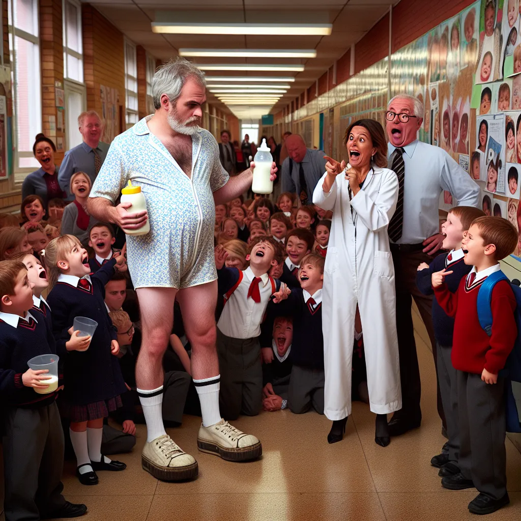 Description: The image depicts Principal Seymour Skinner wearing an oversized baby onesie, holding a bottle, and surrounded by students at Springfield Elementary School. The background showcases the school's hallways, with students laughing and pointing at Skinner, while a few teachers can be seen in the distance, observing the scene in amusement. Superintendent Chalmers stands beside Skinner, his face a mix of surprise and amusement, as they engage in a conversation. The image captures the humo