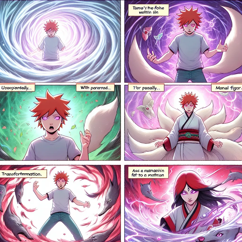 A young boy, Naruto, stands in a swirling vortex of energy as he tries to tame the Nine-Tailed Fox within him. Unexpectedly, his deceased mother, Kushina, appears and initiates a transformation. Naruto is paralyzed as his body painfully changes, his features becoming feminine. With each agonizing shift, he is stripped of his masculine identity, ultimately becoming Kushina's daughter - a beautiful kunoichi with red hair and violet eyes. As Naruto's resistance fades, he is left with a new reality 