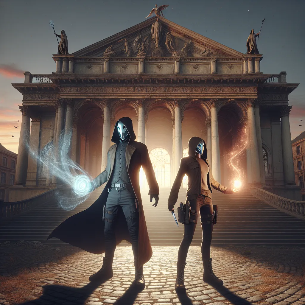 Angel and Gwen, a formidable duo, stand side by side in front of a grand, decaying theater. With the sun setting behind them, they prepare to confront a surge of dark magic that has plagued the old building. Angel, transformed into the spectral alien Ghostfreak, scouts the shadows, while Gwen illuminates their path with a magical light spell. Together, their unique powers blend seamlessly, overpowering the shadowy figures converging on the theater's stage. As the shadows dissipate, Angel and Gwe