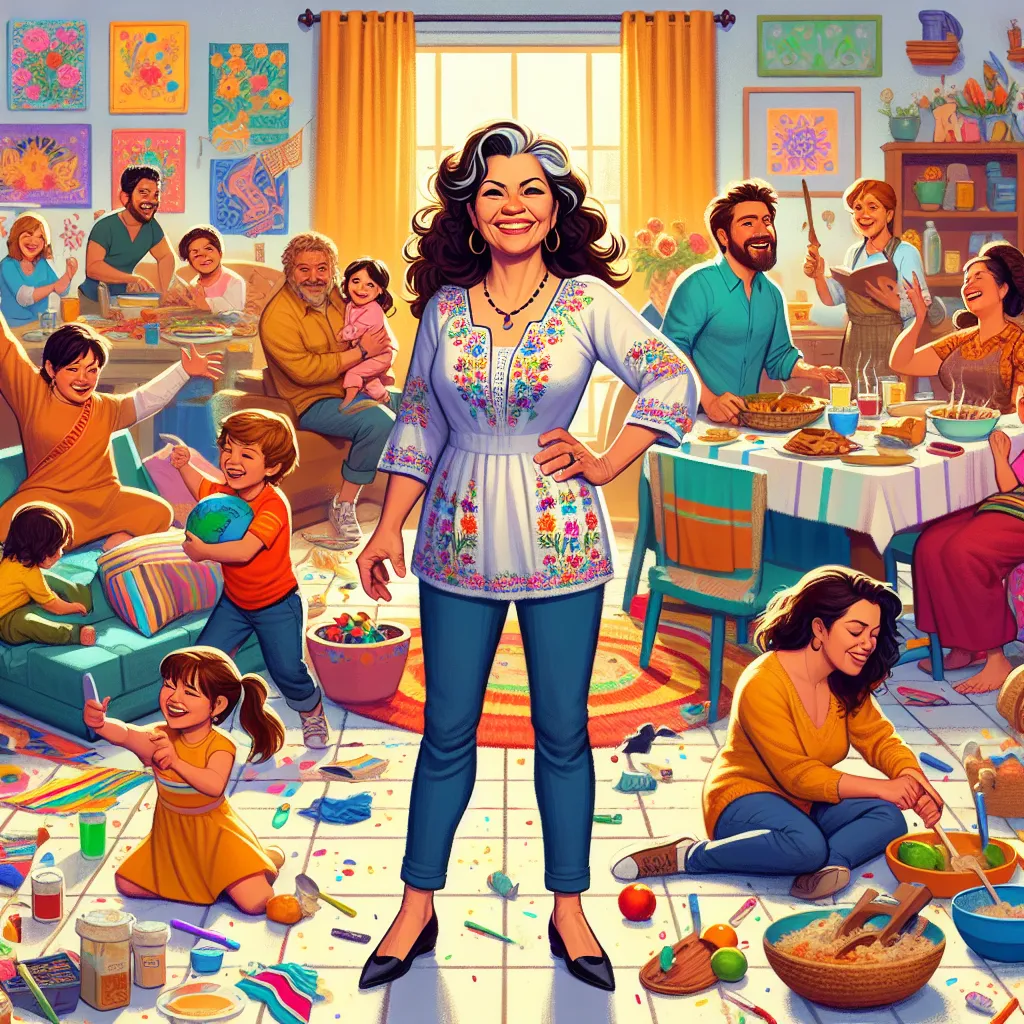 A heartwarming family story unfolds as little Timmy transforms into Lupita Ramírez, embracing her new life seamlessly. The image captures Lupita's joyful existence: a bustling home filled with love, messes, and cherished routines, with Lupita at the center radiating strength and loud, lively grace.
