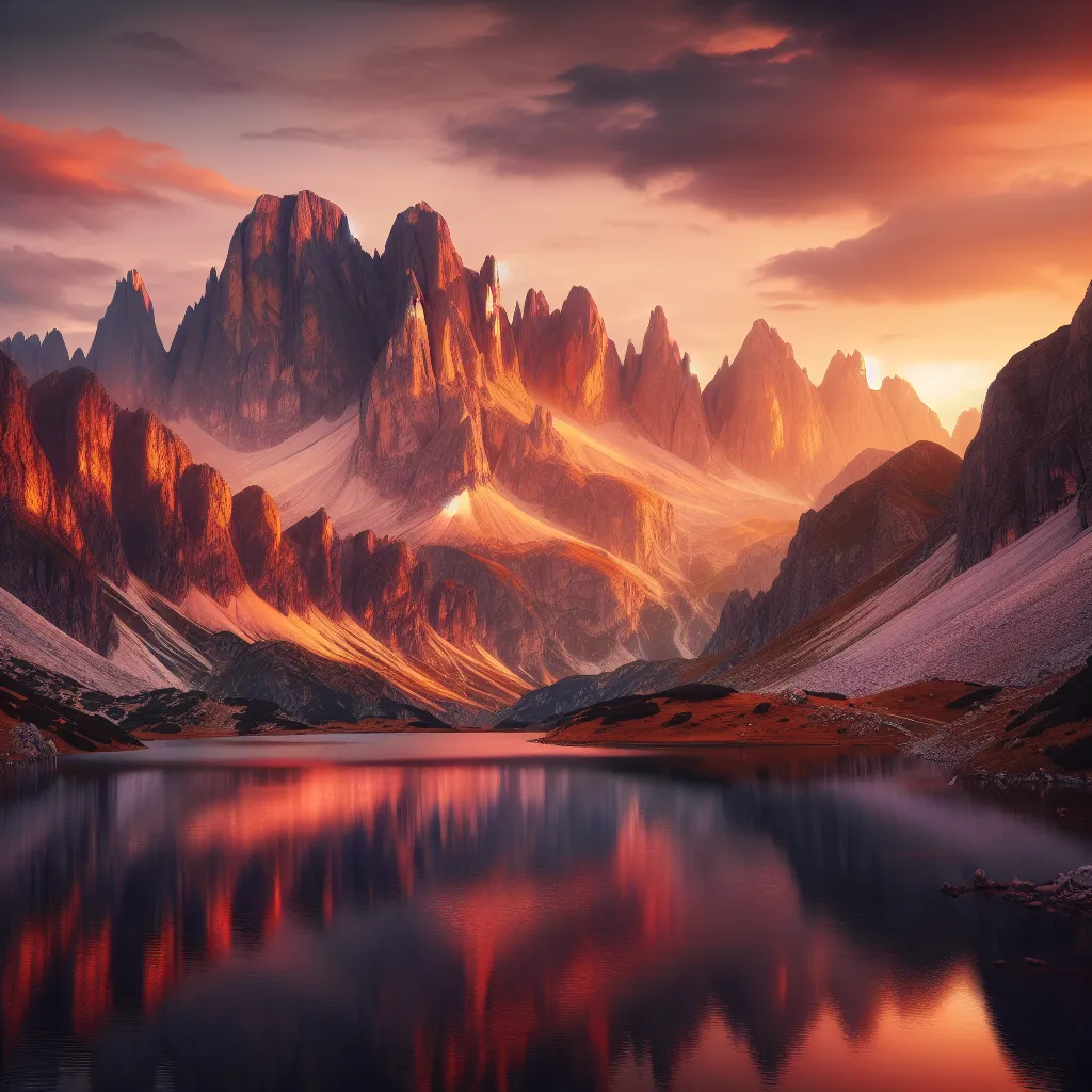 Description for the image: A peaceful mountain landscape bathed in warm sunset colors, with towering peaks and a calm, reflective lake at the foreground.