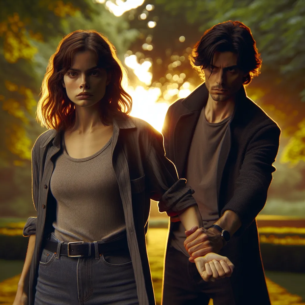 This image will depict a dramatic encounter in a park at dusk between a determined woman named Emma and a mysterious man. Emma stands defiantly, her gaze fiery, as the man grips her wrists with a sense of urgency. The setting is serene, with golden light filtering through the trees and the atmosphere tinged with tension and anticipation.
