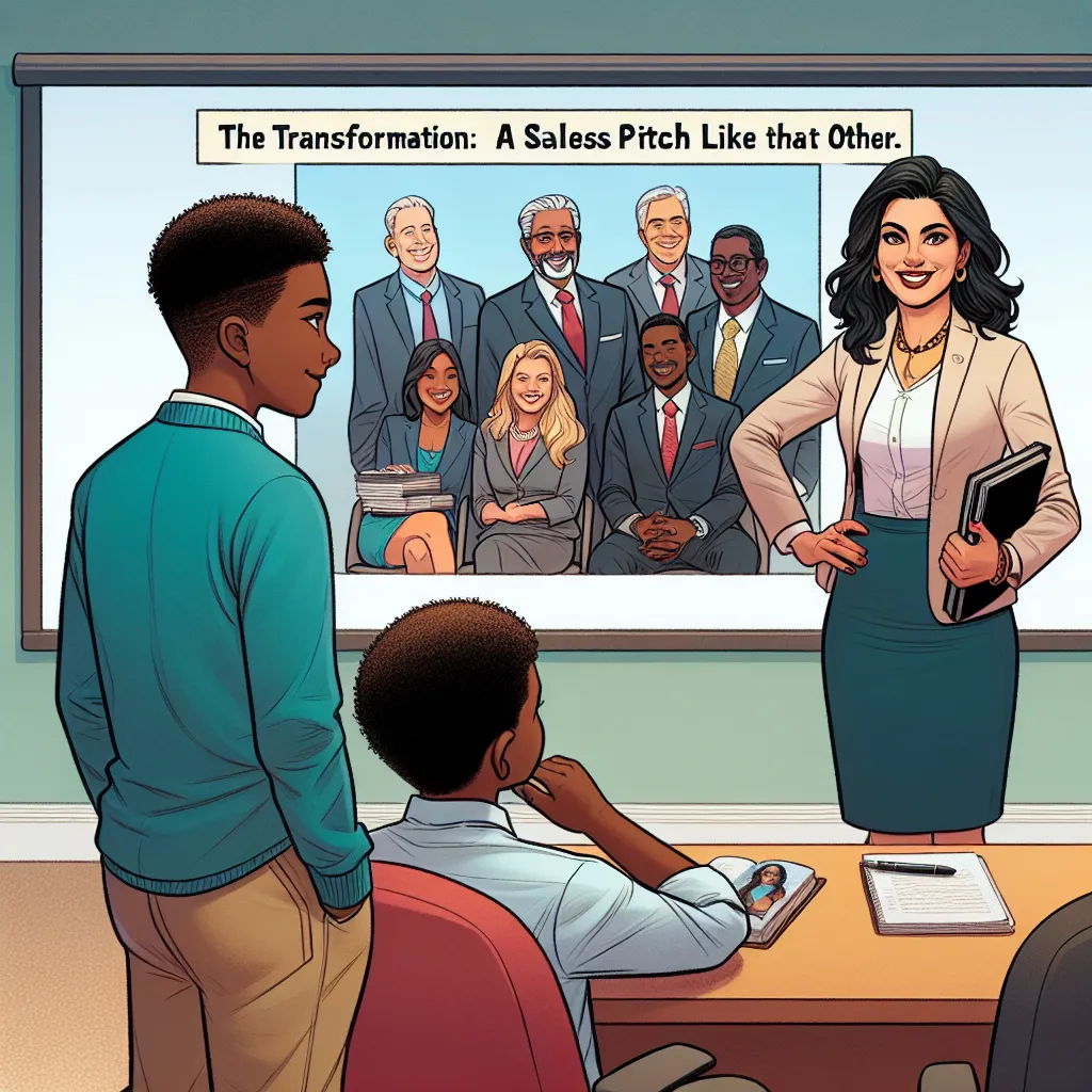 A young adult story titled "The Day Dad Became Mom: A Sales Pitch Like No Other." The image would depict a father in a mother's body, dressed in professional attire, confidently giving a sales pitch to a room full of executives, while his teenage son watches on with a mix of pride and amusement.