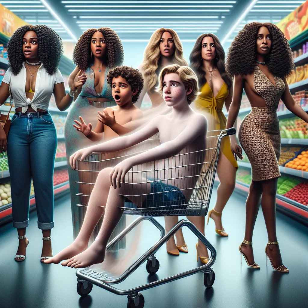 The accompanying image should be a fantastical portrayal of a young boy named Oliver experiencing a magical transformation into a glamorous woman named Sophie. This surreal image could depict Oliver in a shopping cart, his body gradually turning transparent and morphing into Sophie, who stands beside a group of stylish British women in a vibrant supermarket setting. The transformation should capture Oliver's shock and confusion, as well as Sophie's newfound confidence and elegance. The image sho