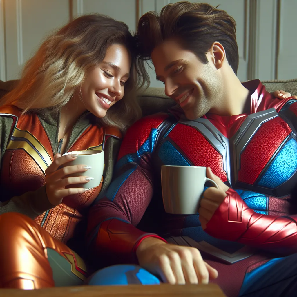 A young man and woman, dressed as superheroes, find solace and connection after a fierce battle. They share coffee, laughter, and secrets, their bond growing stronger. The image captures a tender moment on a couch, as they cuddle and engage in a heart-to-heart conversation, with a TV playing in the background.