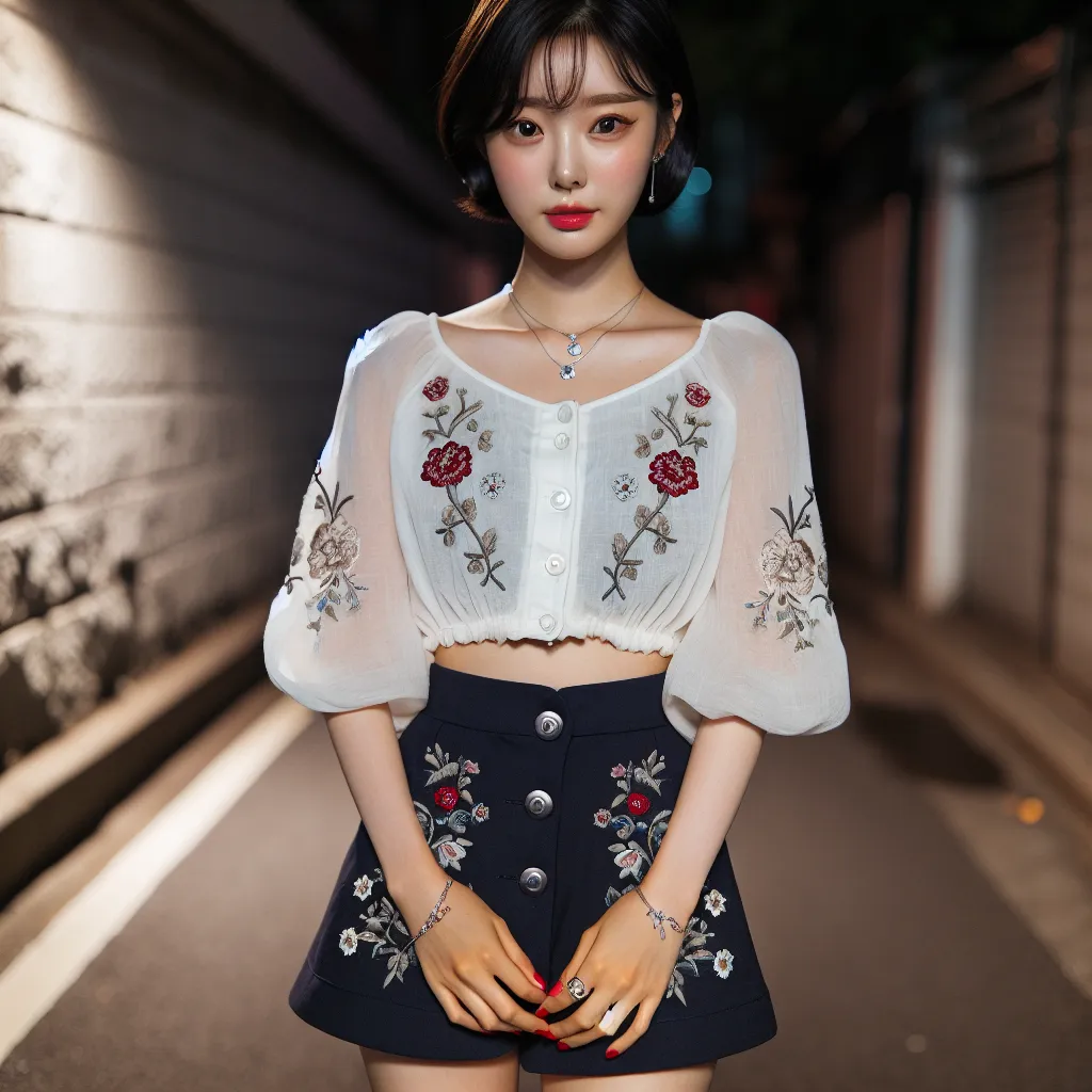 An image of a young Korean woman, Ji-Soo Park, wearing a white blouse adorned with intricate floral embroidery, a navy blue short skirt, platform sandals with red-painted nails, and delicate silver jewelry. Her hair is styled in a neat, short Korean bob, and her eyes are dark brown. She is standing on a dimly lit street, looking calm and composed.