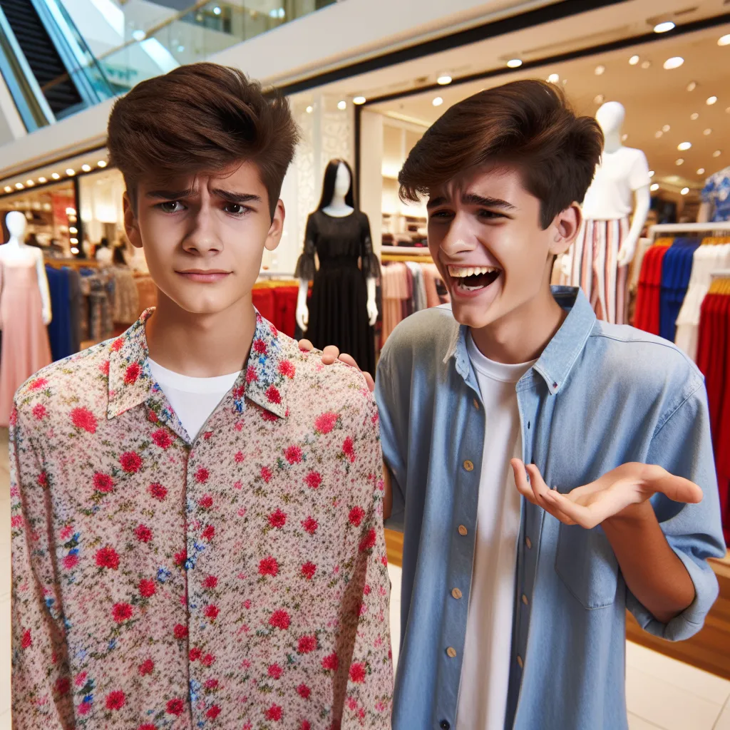 The image accompanying this story could show two teenage boys in a mall, one dressed in his mom's floral blouse and looking bewildered, while the other points and laughs. The boys could be standing in front of a Victoria's Secret store, with bras and mannequins visible in the background.