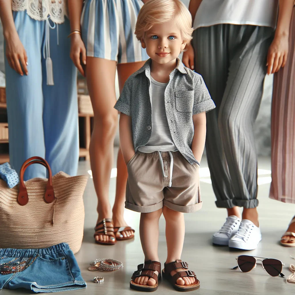 The image will show a young boy named Benny, with blonde hair and bright blue eyes, standing next to his older cousin Amanda and her friends. Amanda is wearing a tank top and short shorts, while Benny is reluctantly wearing feminine Birkenstocks. In the background, there is a pink purse with floral patterns, pink sunglasses, and jewelry on a table. Benny's feet and legs are in the midst of transformation, becoming more delicate and feminine.