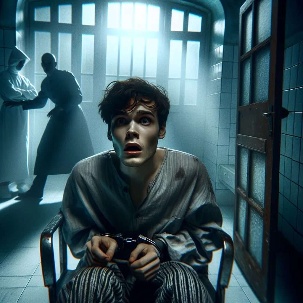 Description: The image depicts a scene of horror and despair. In the foreground, a young individual, recognized as Trevor Maloney, is shown sitting in a chair, restrained by metal cuffs that have left marks on their skin. Their bewildered expression is mixed with pain and fear. In the background, a sterile room is illuminated by a cold, dim light. More details of the scene include an open door and figures surrounding the protagonist. The image aims to capture the unsettling atmosphere of Trevor 