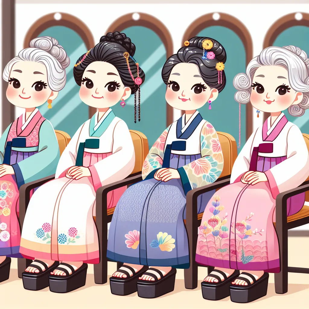An image of a Korean salon with four older Korean women in traditional Korean dress and platform sandals.