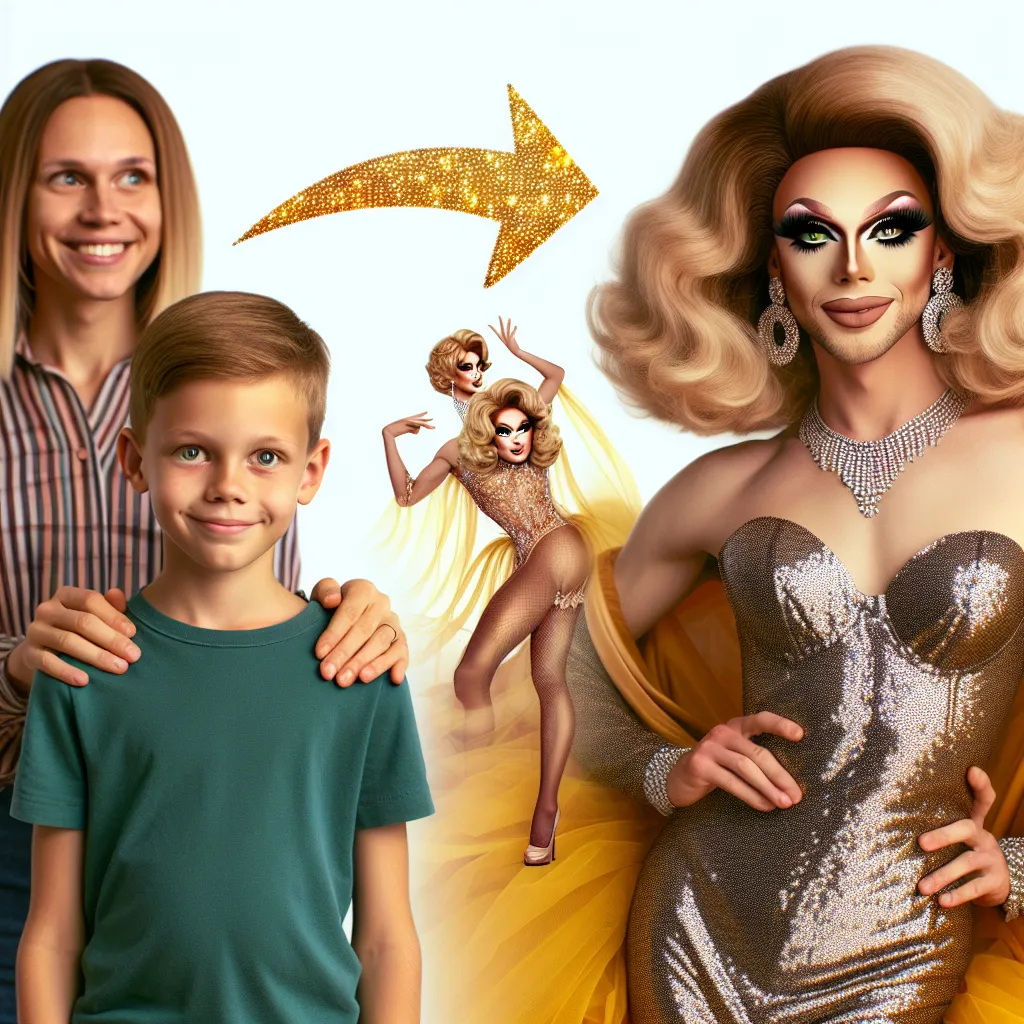 An image of a young boy named Timmy, his mother Sarah, and his drag queen cousin Frances. Timmy is transformed into Frances, who is now a dazzling and confident drag queen. Frances's captivating presence and stylish outfit command attention.