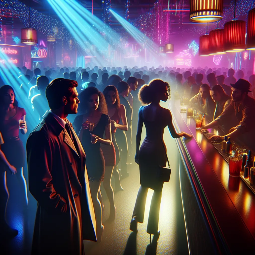 An image of a crowded nightclub, pulsating with neon lights and filled with people dancing and swaying to the hypnotic music. The bar, where Evangeline (Eve) stands, is the focal point of the image. A young detective named Julian approaches her with determination and purpose. The image captures the tension and intrigue between them, hinting at the haunting mystery that will unfold.