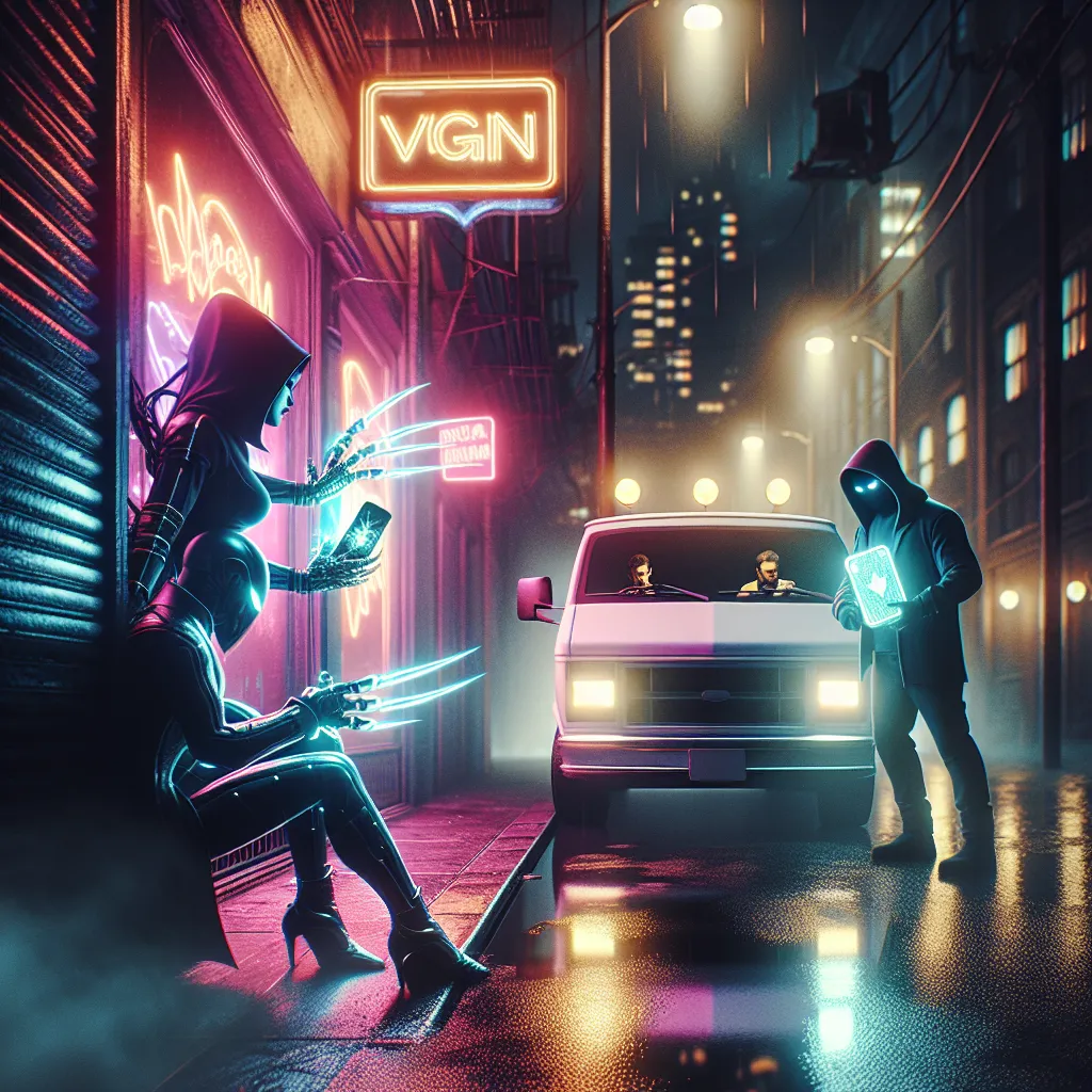 This image will depict two shadowy figures, a woman with extended claws and a man holding a charged playing card close, standing in a dark alley behind a neon-lit club. They are stealthily observing a suspicious white van parked on the street with two men inside, one on a phone and the other nervously looking around. The scene captures a tense moment of anticipation and readiness for action.