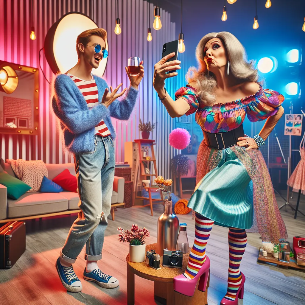 A humorous and irreverent scene unfolds as a man's best friend and his mother unexpectedly switch bodies in the "Great Switcheroo of 2023." The man confronts his friend turned Instagram influencer, @RedHotRenee, for posting provocative photos online in his mother's body.