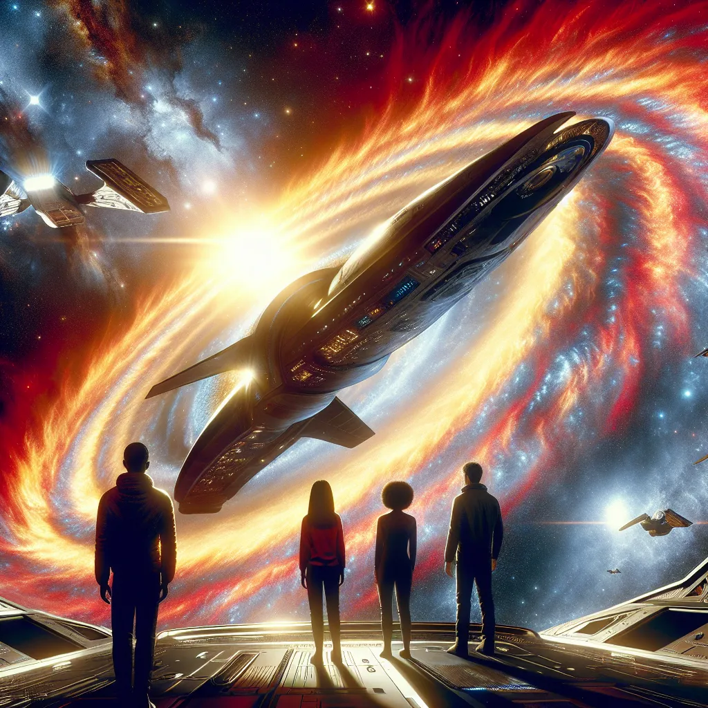 As a result of our conversation, DALLE generated an image of a futuristic spaceship hovered near a glowing, swirling mass of energy, representing the anomaly near Gliese 581d. The crew members are visible, standing on the observation deck, gazing at the anomaly with a mixture of awe and anticipation. The image captures the sense of adventure and curiosity as they prepare to embark on a journey into the unknown.