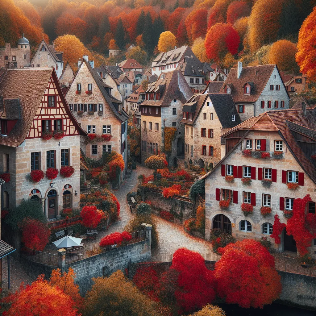 Historic buildings in a charming European village surrounded by colorful autumn leaves.