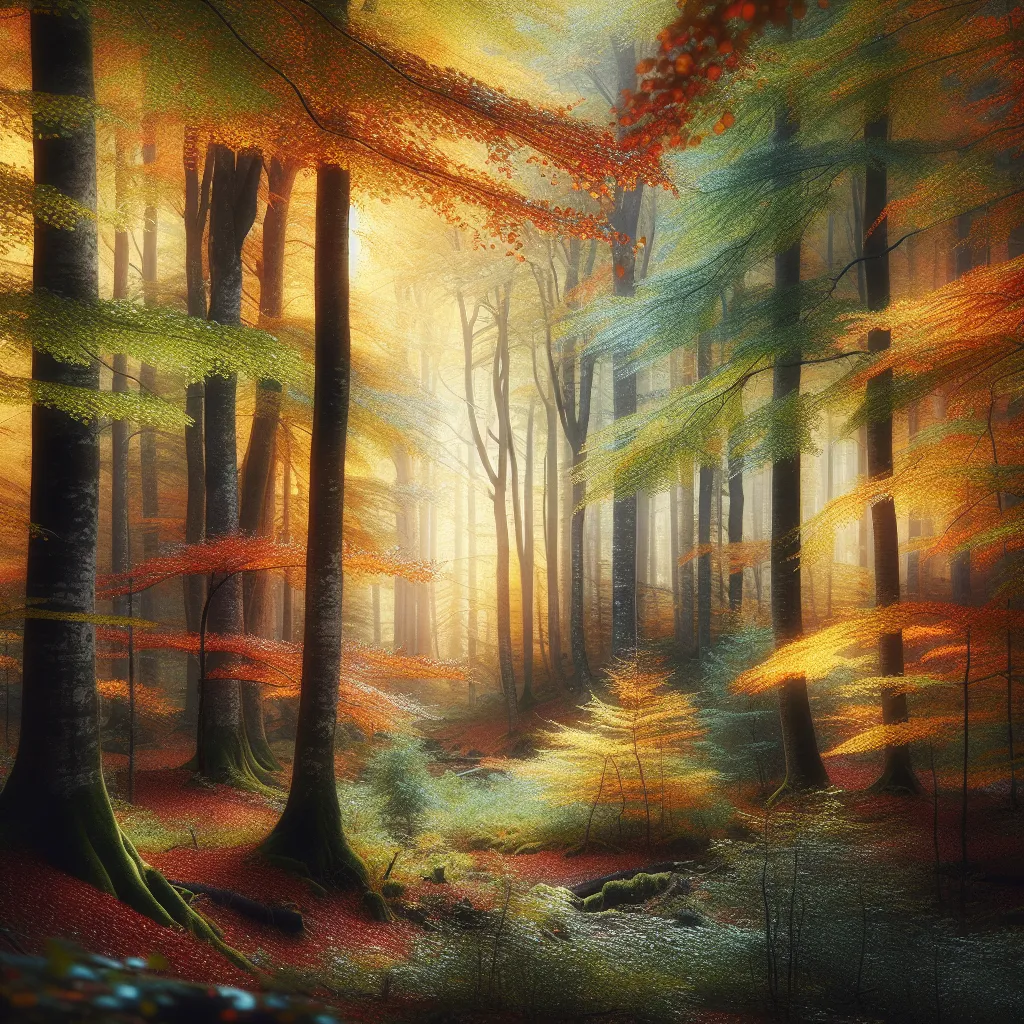 A serene autumn forest, with colorful leaves falling gently from the trees, creating a tranquil and picturesque scene.