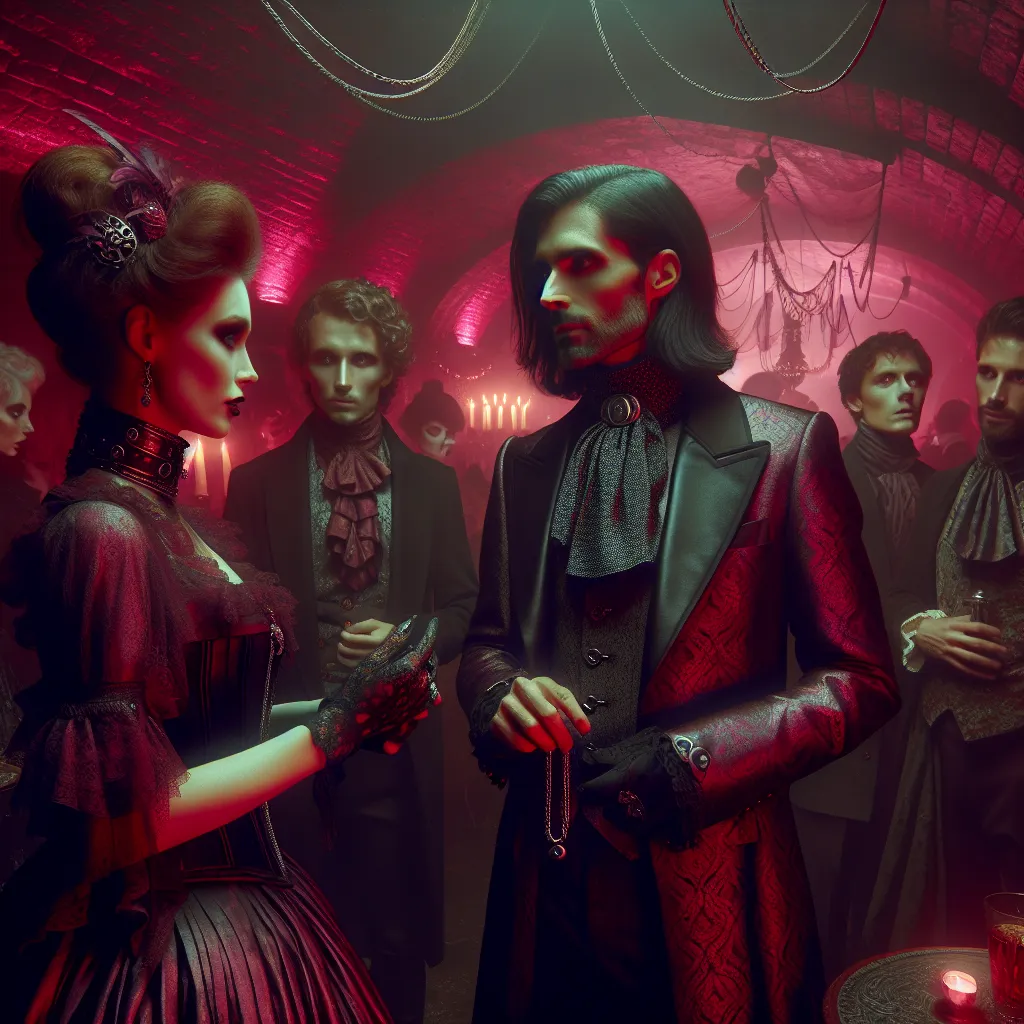 An image of a gothic club, bathed in crimson and black, with patrons dressed in elaborate Victorian-inspired costumes. Among the crowd, a mysterious man stands out, emanating an otherworldly aura. The club owner, Vivienne, senses a connection to her missing sister and approaches him. They engage in a cryptic conversation as a silver key is exchanged, foreshadowing an impending journey into the depths of darkness.