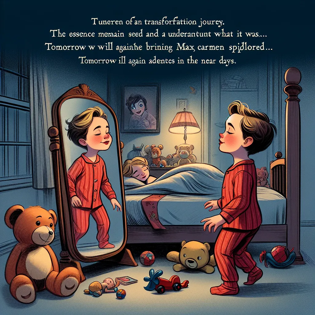 over a chair.
310. Carmen stood naked, examining her transformed body in the mirror.
311. She felt a mixture of emotions—confusion, excitement, and a tinge of sadness.
312. "I may have become someone else for a night, but I'll always be Max too," she whispered to herself.
313. Carmen put on her pajamas, slipping into her old comfort zone.
314. She climbed into bed, surrounded by familiar toys and stuffed animals.
315. As she closed her eyes, memories of the night danced in her mind.
316. She rea