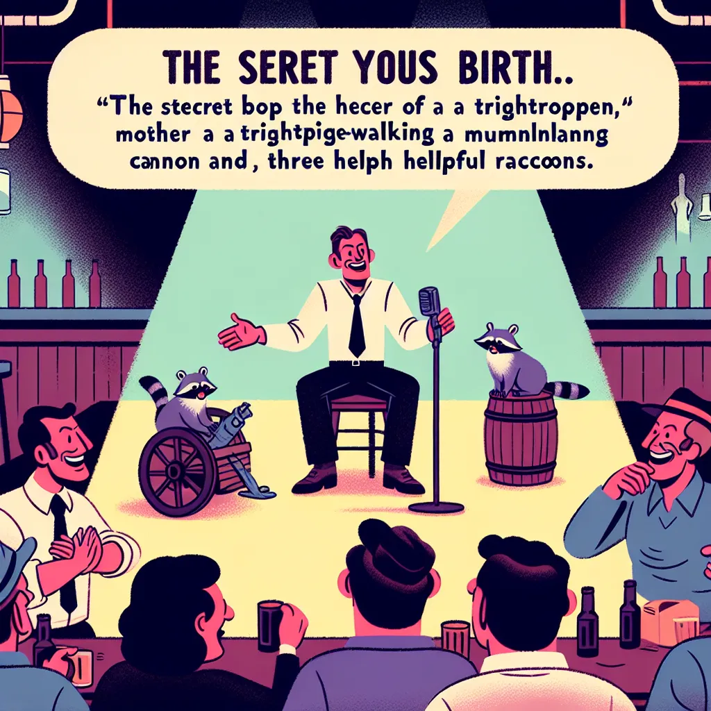 A man sits in a dimly lit bar, ready to reveal the secret behind his mysterious birth. With humor and exaggeration, he tells the story of his tightrope-walking mother, a malfunctioning cannon, and three helpful raccoons. The bar patrons listen intently, laughing and applauding as the man concludes his tale of a wild and unconventional origin.