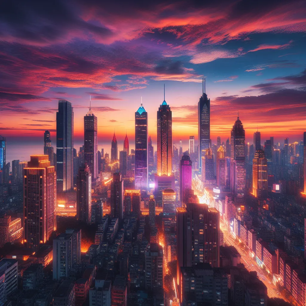 A panoramic view of a bustling cityscape at sunset, featuring towering skyscrapers, illuminated city lights, and a vibrant orange and purple sky.